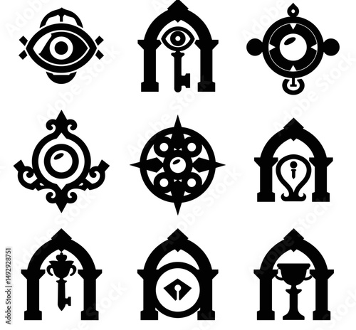 Mystical Gateway Icons: A collection of captivating, artistic, and mysterious icons with an ancient, symbolic, and enigmatic designs. It captures a sense of ancient lore and hidden knowledge.