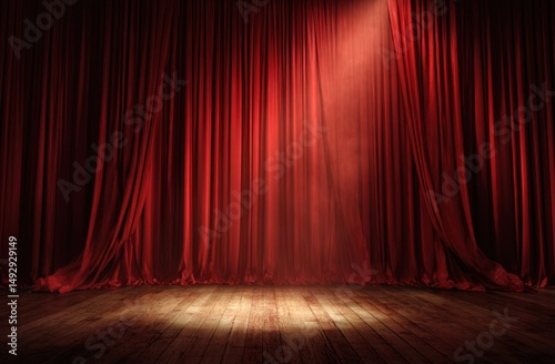 Red stage curtains spotlight performance background scene