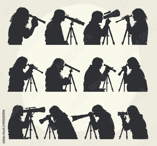 Stargazing Silhouette: A detailed collection of silhouette illustrations, each depicting a person intently observing through a telescope. A visual narrative of exploration.