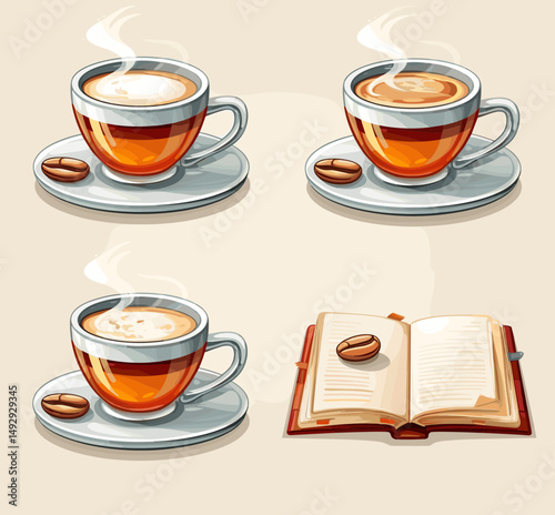 Coffee Break Delight: A collection of delicious coffees steams gently alongside a book, exuding warmth, relaxation, and inviting atmosphere.