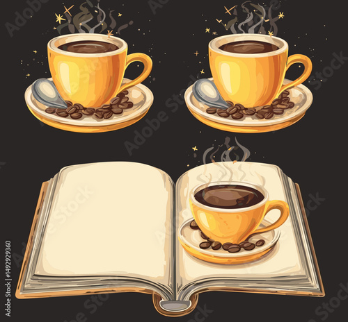 Coffee break inspiration: A cozy, warm scene of two cups of coffee, inviting a sense of comfort, warmth and introspection. Also featuring a book.