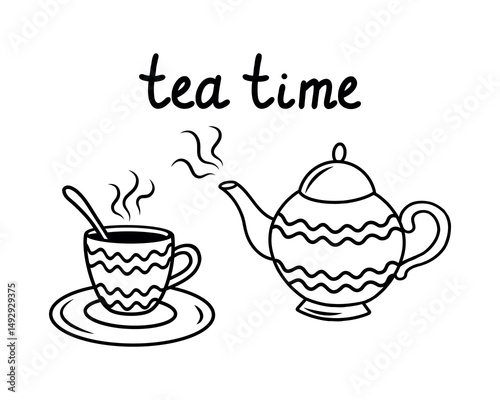 The design of the vector illustration with the text The time is a teacup with a saucer and a tea kettle.A teapot with a cup on a saucer. Black and white illustration of a cup and tea pot. Vector illus