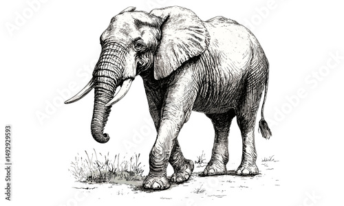 Elephant Walking Through Savannah, Vintage Safari Art, Hand-drawn Engraving, Black Sketch Effect, Rustic Wildlife Design, Safari Wall Decor, Antique Animal Print, Nature Illustration