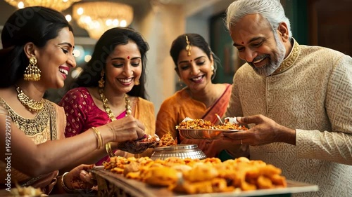 smiling Indian family eating from platters at gathering with delicious food and traditional clothing