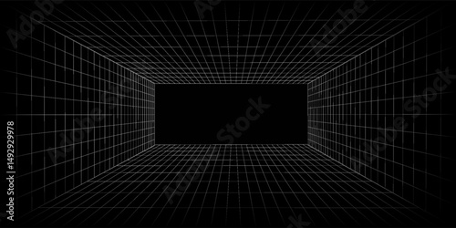 Futuristic perspective grid box. Abstract wireframe with white grid line on black background.