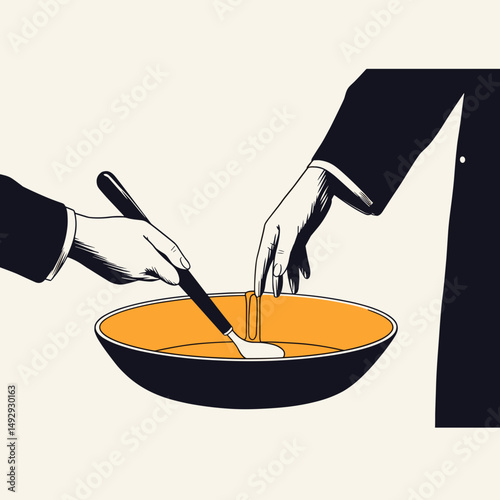 Conceptual Culinary Collaboration: An illustration depicting two figures interacting around a bowl filled with a golden liquid, suggestive of a shared meal or a symbolic act of culinary cooperation.