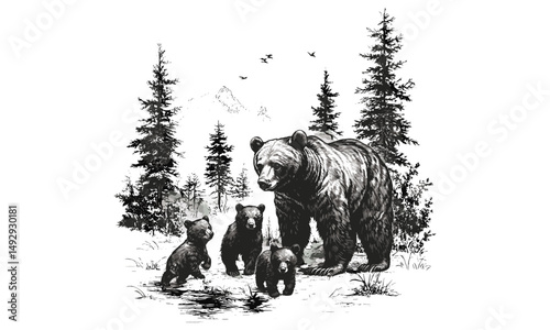 Engraved Bear Cubs Forest Illustration, Vintage Animal Design, Hand-drawn Wildlife Art, Black Sketch Rustic Decor, Detailed Nature, Rustic Wall Art, Wildlife Sketch, Forest Wildlife Art