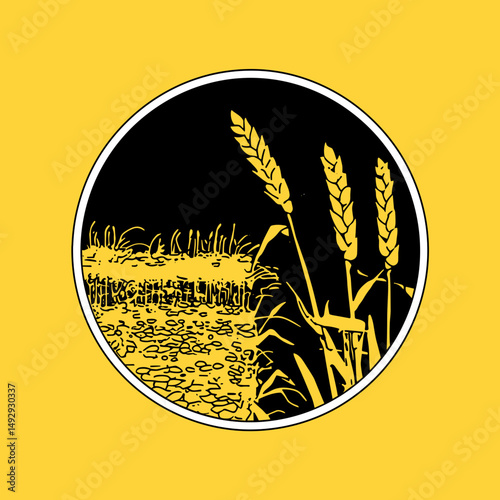 Golden Wheat Field in Circular Design: A striking illustration features golden wheat in a field, enclosed within a sleek, modern circular design, with a nod to harvest and the beauty of rural life.
