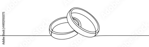 Wedding rings continuous one line drawing. Hand drawn proposal engagement and love marriage concept.