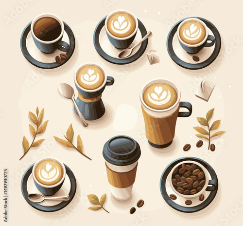 Coffee Art Collection: A diverse array of meticulously crafted coffee beverages, from espresso to latte art. Capturing the essence of the perfect coffee break in high-resolution imagery.