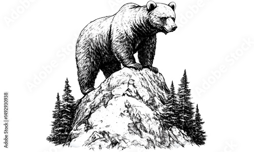 Engraved Bear on Mountain Peak, Rustic Forest Animal Design, Hand-drawn Wildlife Illustration, Black Sketch Effect, Detailed Winter Scene, Vintage Nature Wall Art, Trendy Rustic Decor