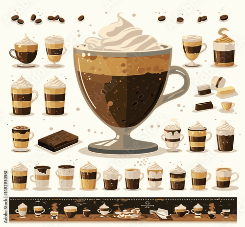 Coffee Variety: An array of coffee drinks, from espresso to latte, arranged in a stylized flat lay illustration on a clean layout.