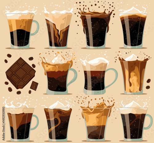 Artisan Coffee Selection: A delectable assortment of artisan coffee creations, each glass showcasing a unique blend of rich espresso, delicate cream, and flavorful chocolate.