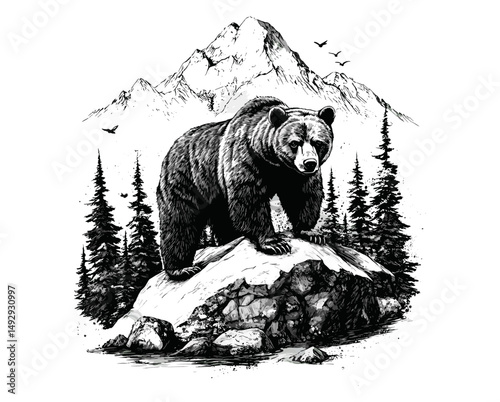 Black Sketch Engraving of Bear on Mountain Peak, Rustic Winter Scene, Detailed Wildlife Illustration, Vintage Forest Animal Design, Nature Wall Art, Rustic Mountain Decor, Trendy