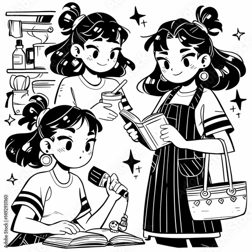 Everyday Life: Captured in a unique sketch, a woman finds delight in diverse activities, embracing the charm of daily living, reading, shopping and enjoying a beverage.