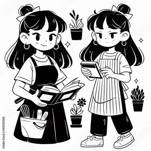 Botanical Companions: Charming illustrations of two girls in aprons, each engrossed in a unique aspect of their shared botanical world, the image radiates warmth and curiosity. 