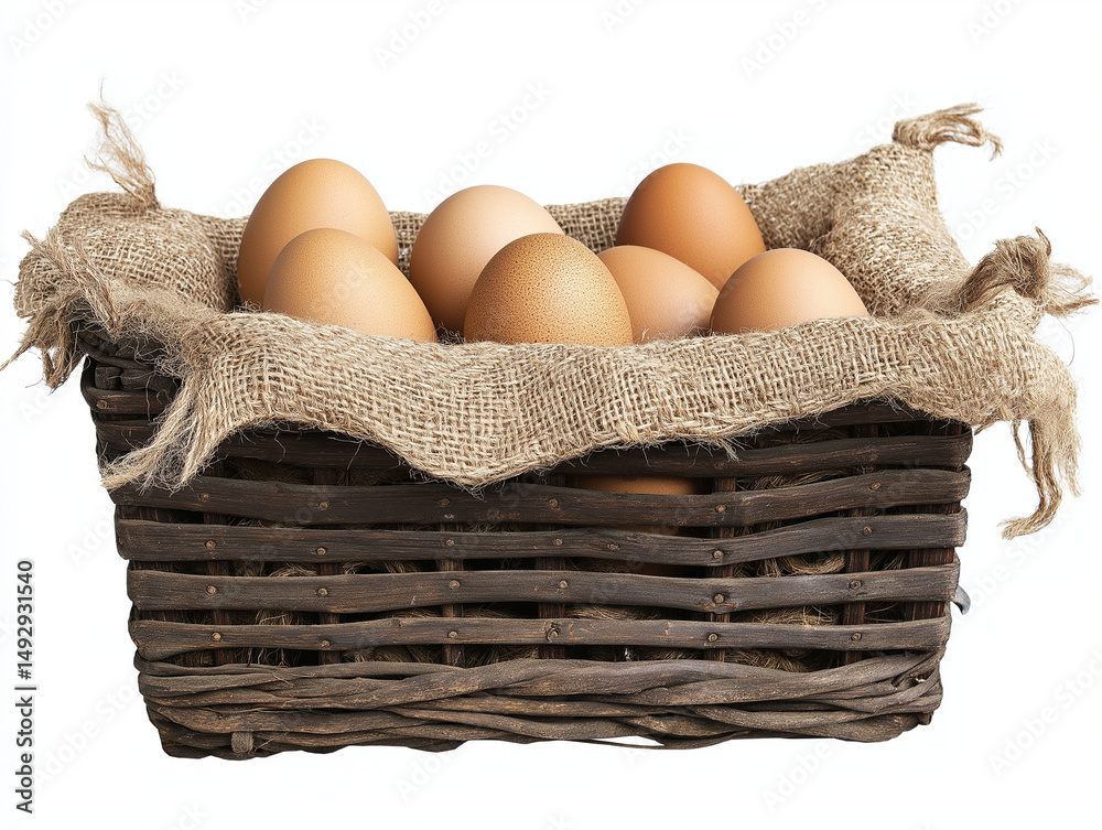 Obraz premium A basket of brown eggs isolated on a white background, PNG file with a transparent background for easy cut-out.