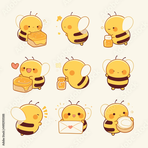 Cute Honeybee Characters in Action: A collection of adorable, cartoonish honeybee characters happily involved in various activities, each radiating charm and joy. 