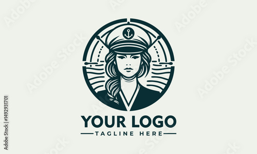 Bearded female ship captain illustrated in vintage emblem portrait with maritime uniform. Transportation concept
