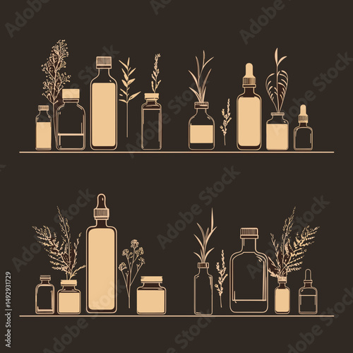 Herbal Apothecary Illustration: A meticulously crafted illustration showcases an array of apothecary bottles and vials adorned with botanical elements, all presented on a rich, earthy background.
