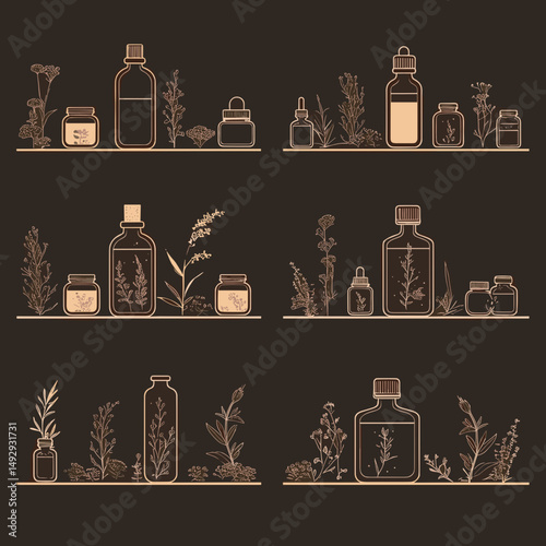 Aromatic Apothecary: A carefully curated selection of artisanal essential oils and botanical ingredients, elegantly displayed within a vintage apothecary style. 