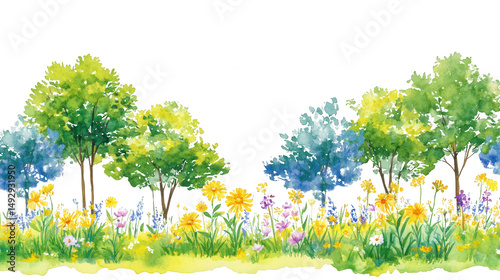 Watercolor Painting of Summer Landscape Trees and Flowers PNG transparent background