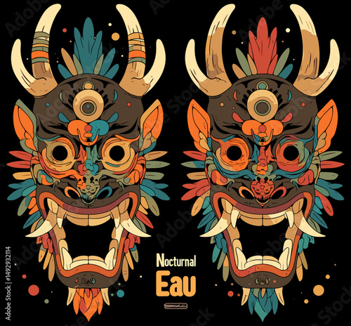 Mystical Mask: Two intricately designed masks against a dark backdrop, their vibrant colors and imposing features hinting at ancient traditions and a captivating narrative.