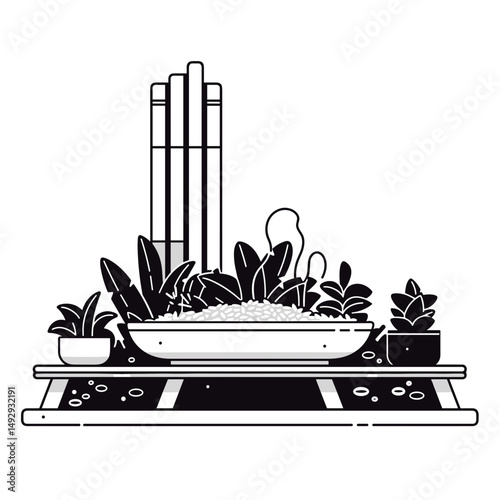 Green Oasis on the urban shelf: A minimalist illustration of a rooftop garden showcases an urban oasis with plants and architectural element on a black and white background.