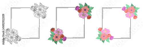 Set of square frame with flower on transparent background 