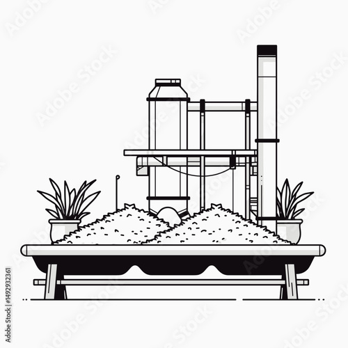 Industrial Plant with Raw Materials: A stylized line drawing depicting an industrial plant alongside piles of raw materials, suggesting the process of manufacturing and production.