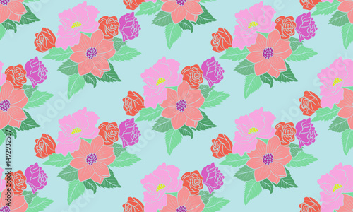 a pattern composed of pink and roses flower with light blue background , design for fabric or various pattern printing works.