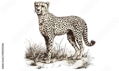 African Plains Cheetah Engraving, Hand-drawn Wildlife Art, Black Sketch Effect, Vintage Safari Print, Rustic Speed Illustration, Detailed Animal Design, Trendy Wildlife Decor, African Animal Art