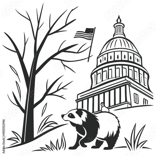 American badger stands before the United States Capitol and a bare tree