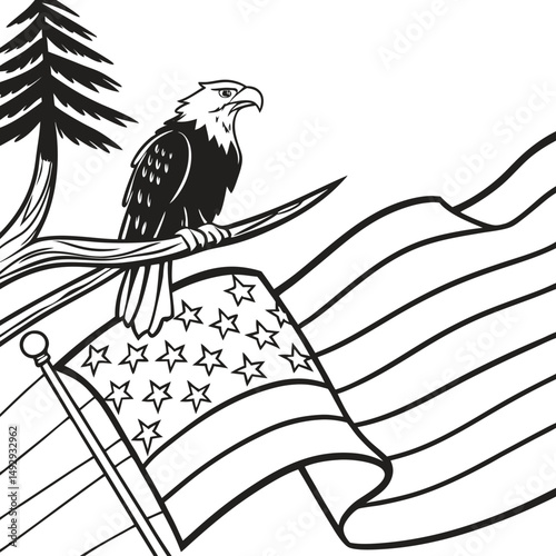 American Bald Eagle Perched on a Branch with United States Flag Illustration