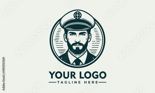 Bearded male ship captain illustrated in vintage emblem portrait with maritime uniform. Transportation concept
