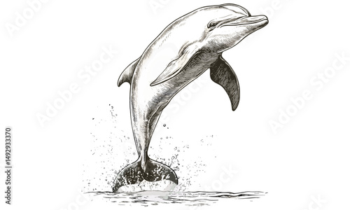 Vintage Dolphin Engraving, Hand-drawn Marine Animal Illustration, Black Sketch Effect, Coastal Wall Decor, Ocean Print, Old Style, Trendy, Ocean Artwork, Leaping Dolphin