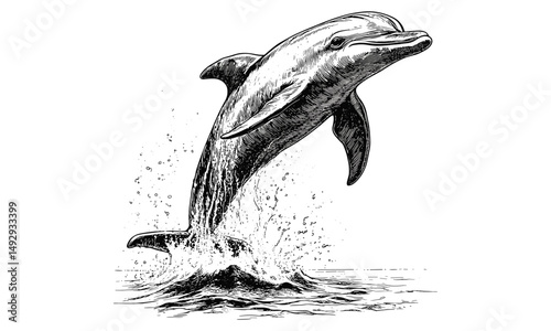 Hand-drawn Vintage Dolphin Illustration, Engraved Leaping Marine Animal, Coastal Wall Decor, Black Sketch Effect, Ocean Art, Trendy, Vintage Style, Engraved Ocean Print