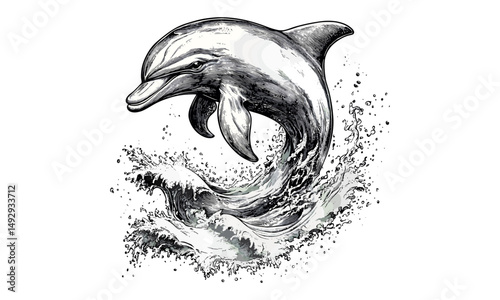 Engraved Dolphin with Waves, Vintage Ocean Design, Black Sketch Effect, Coastal Wildlife Illustration, Hand-drawn Marine Life Art, Seaside Wall Decor, Ocean Print, trendy beach decor