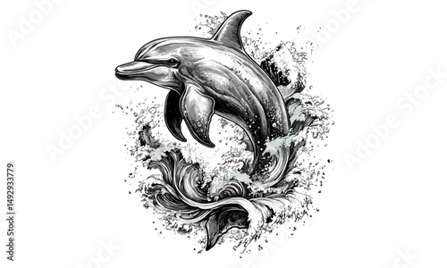 Vintage Ocean Design, Hand-drawn Marine Life Art, Engraved Dolphin with Waves, Black Sketch Effect, Coastal Wildlife Illustration, Seaside Wall Decor, retro beach art, oceanic decor