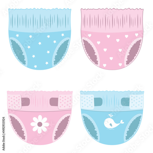 Cartoon-style baby absorbent diapers. Vector illustration for packaging diapers and other products for newborns