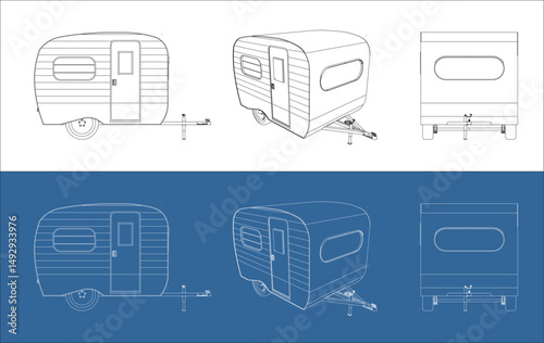 Car Travel Recreational vehicle RV Trailer technical line drawing blueprint wireframe concept isolated on transparent background