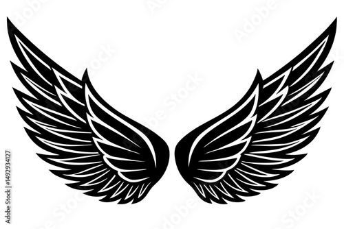 Flying tribal bird wings vector illustration set with feather and angel heart silhouette