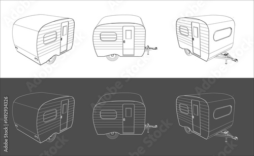 Set Trailer RV Travel Recreational vehicle travel car technical line drawing blueprint wireframe concept isolated on transparent background