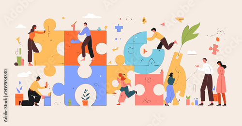 Building the big picture: A collaborative scene depicts individuals meticulously piecing together vibrant jigsaw puzzle pieces, symbolizing unity, teamwork.