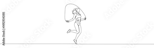 Young sportive woman train jumping with skipping rope continuous one line drawing.