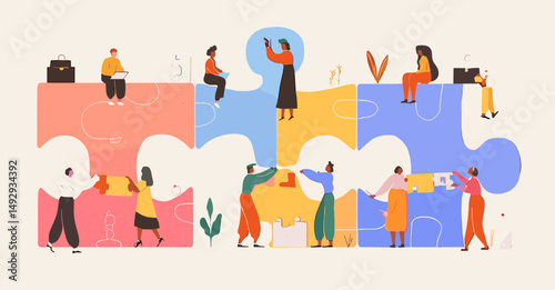 Teamwork Puzzle: A group of diverse individuals collaborates to assemble a giant puzzle, symbolizing teamwork, problem-solving, and collective effort, rendered in a modern illustration style.