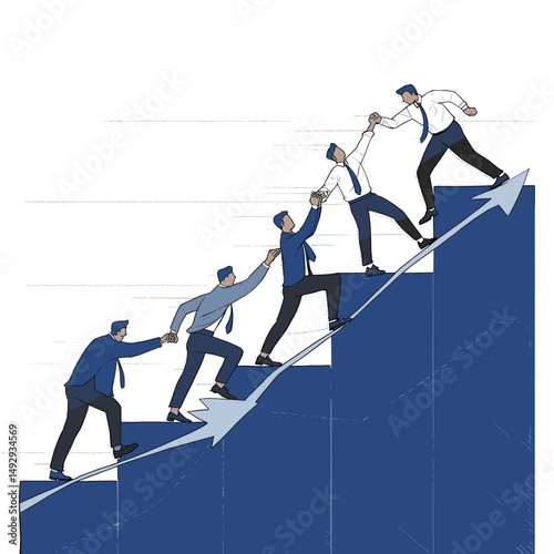 Navigating to Success: A team's climb to the peak, showcasing teamwork and perseverance. The illustration conveys the spirit of striving and collective success.