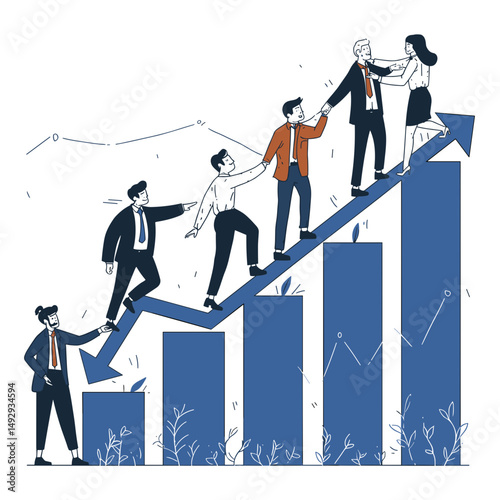 Navigating Success: A dynamic illustration of individuals climbing a rising graph, symbolizing collaboration and upward trajectory. Capturing themes of teamwork, perseverance.