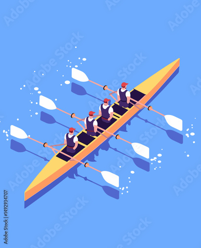 Rowing Team on Water: Isometric view of a rowing team, perfectly synchronized and focused on the serene, blue water. A visual representation of teamwork and dedication in pursuit of a shared goal.