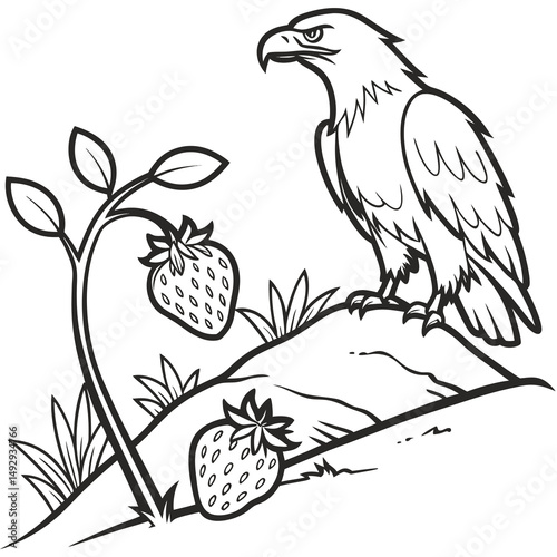 Detailed Line Art of an Eagle Perched Above Strawberries and Foliage